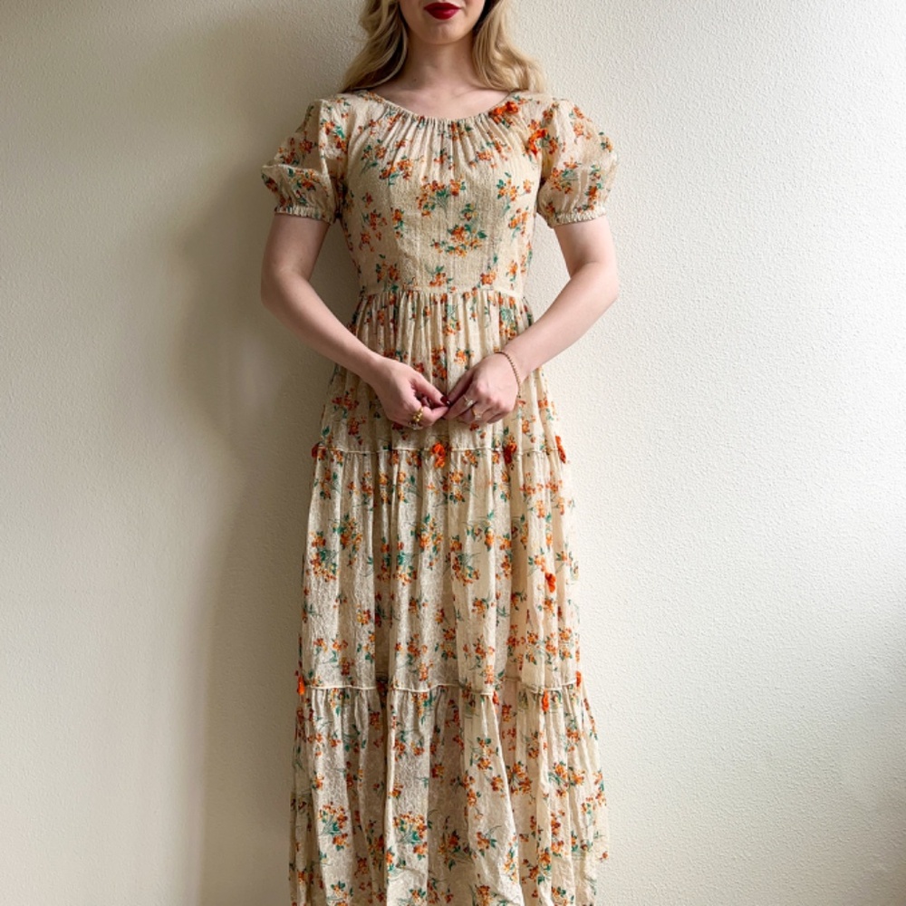 Stunning Vintage 1930s Orange Floral Gown With Velvet Bows (XS/S) - Picture 4 of 14